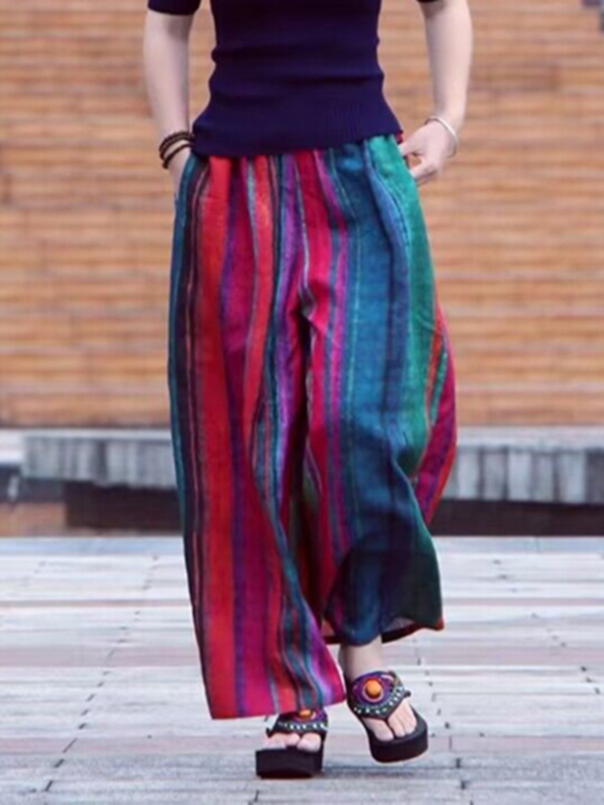 Ethnic Fashion Style - Yaz Rahat Sanatsal Geniş Bacak Pantolon